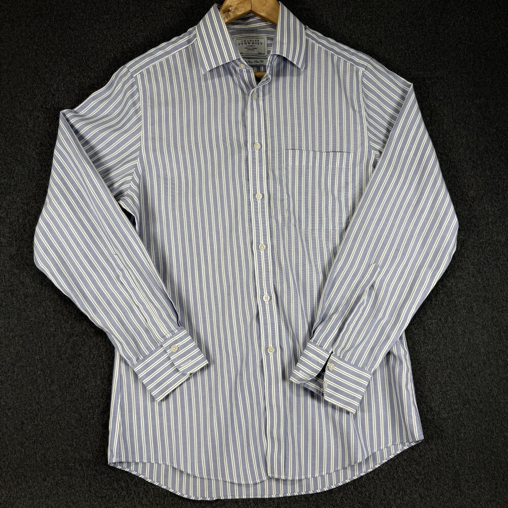 Charles Tyrwhitt Mens 15/33 Small Non Iron Blue Striped Long Sleeve Dress Shirt
